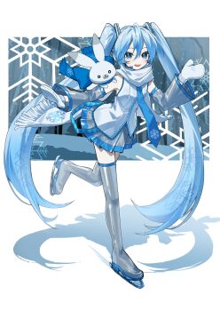 1girl :3 blue_eyes blue_hair blue_necktie blue_scarf blue_shoes detached_sleeves full_body grey_skirt grey_thighhighs hatsune_miku highres ice_skates long_hair looking_at_viewer mittens myuga66666 necktie open_mouth rabbit rabbit_yukine scarf shoes simple_background skates skirt smile snowflake_print snowflakes standing thighhighs twintails vest vocaloid white_background white_mittens white_scarf white_vest yuki_miku yuki_miku_(2011)