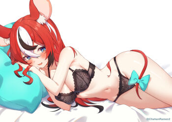 1girl animal_ears bed_sheet black_bra black_hair blue_eyes blush bow bra breasts bright_pupils chahanramen colored_tips commentary commission crossed_bangs double-parted_bangs extra_ears hair_between_eyes hakos_baelz head_on_pillow highres hololive hololive_english lace lace-trimmed_bra lace-trimmed_panties lace_trim lingerie long_hair looking_at_viewer lying medium_breasts mouse_ears mouse_girl mouse_tail multicolored_hair navel on_side open_mouth panties pillow red_hair simple_background solo stomach streaked_hair tail tail_bow tail_ornament underwear underwear_only virtual_youtuber white_background white_hair white_pupils