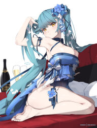 Rule 34 | 1girl, armpits, barefoot, blue dress, blue flower, blue hair, blue ribbon, bottle, breasts, cleavage, closed mouth, cup, dress, drinking glass, feet, flower, frown, goddess of victory: nikke, hair flower, hair ornament, hair ribbon, large breasts, light blue hair, looking at viewer, privaty (banquet princess) (nikke), privaty (nikke), ribbon, sitting, skindentation, solo, sonaworld, thigh strap, thighs, white flower, wine bottle, yellow eyes