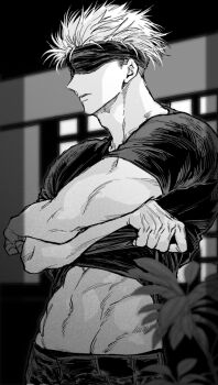 Rule 34 | 1boy, abs, adam's apple, blindfold, clothes lift, commentary request, compression shirt, corrupted twitter file, gojou satoru, greyscale, highres, indoors, jujutsu kaisen, lifting own clothes, male focus, male underwear, male underwear peek, monochrome, navel, nay bb, pants, parted lips, shirt lift, short hair, sideburns, solo, teeth, toned, toned male, underwear