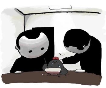 &gt;_&lt; 2others blank_room_soup crying food hat holding holding_ladle indoors kuuinusuki ladle mascot_costume masked multiple_others rayray red_hat shameimaru_aya shameimaru_aya_(crow) soup tokin_hat touhou translation_request