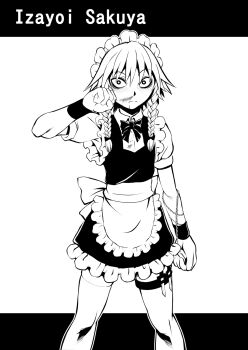 1girl apron ayana_mizuki blood blush bow bowtie braid chain character_name closed_mouth commentary_request expressionless feet_out_of_frame greyscale hair_bow highres holster izayoi_sakuya knife looking_at_viewer maid maid_headdress medium_hair monochrome skirt skirt_set solo thigh_holster thighhighs touhou twin_braids waist_apron wiping_blood wrist_cuffs