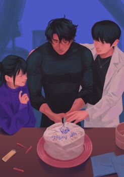 1girl 2boys black_hair black_shirt bob_cut cake candle coat commentary cowboy_shot cutting english_commentary food han_sooyoung hand_on_another&#039;s_back happy_birthday height_difference highres holding holding_knife hood hood_down hoodie kim_dokja knife lighter multiple_boys omniscient_reader&#039;s_viewpoint open_clothes open_coat purple_hoodie scar scar_across_eye scar_on_face shirt short_hair smile table tight_clothes toned toned_male umbrvx white_coat yoo_joonghyuk