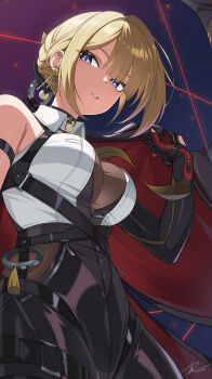 1girl absurdres black_gloves black_pants blonde_hair blush breasts collared_shirt commentary_request dai_(tdaitw) earrings elbow_gloves evelyn_chevalier gloves half_gloves high-waist_pants highres jewelry large_breasts latex_pants looking_at_viewer mole mole_under_eye pants parted_lips purple_eyes shirt sidelocks single_elbow_glove single_half_glove sleeveless sleeveless_shirt solo tight_clothes tight_pants uneven_bangs white_shirt zenless_zone_zero