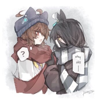 Rule 34 | 2girls, agnes tachyon (umamusume), animal ear headwear, animal ears, beanie, black gloves, black hair, brown hair, doktahzaki, enpera, fake animal ears, from side, gloves, grey hat, grey jacket, grey scarf, hair between eyes, hat, highres, horse ears, horse girl, jacket, long bangs, long hair, looking at another, manhattan cafe (umamusume), multiple girls, necktie, open mouth, purple necktie, red eyes, red scarf, scarf, scarf tying, shirt, short hair, striped clothes, striped scarf, umamusume, upper body, white jacket, yellow eyes, yellow shirt, yuri