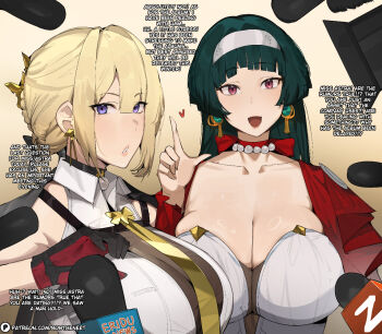 2girls astra_yao bead_necklace beads black_hair blonde_hair braid braided_bun breasts camera cleavage dr_octojuice earrings english_text evelyn_chevalier hair_bun hair_ornament hairband huge_breasts interview jacket jackets jewelry large_breasts long_hair microphone multiple_girls necklace necktie paid_reward_available patreon_username purple_eyes red_eyes red_jacket shirt sleeveless sleeveless_shirt talking uneven_bangs white_hairband white_shirt yellow_necktie zenless_zone_zero