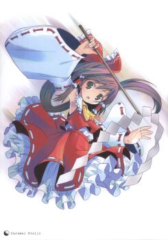 1girl absurdres armpits ascot brown_eyes brown_hair detached_sleeves female_focus frills gohei hair_ornament hair_ribbon hair_tubes hakurei_reimu highres japanese_clothes long_hair long_sleeves looking_at_viewer miko open_mouth ponytail pop ribbon scan shirt simple_background skirt skirt_set solo touhou vest white_background wide_sleeves