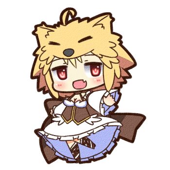Rule 34 | 1girl, blonde hair, blue eyes, blush, breasts, brown corset, canvas texture, chibi, chibi only, cleavage, commentary request, corset, detached sleeves, dress, fang, fox hat, full body, looking at viewer, medium breasts, official alternate costume, open mouth, ragnarok online, red eyes, shizukushigure, short hair, simple background, skin fang, sleeveless, sleeveless dress, smile, solo, wanderer (ragnarok online), white background, white dress, white sleeves