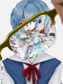 1girl 1other absurdres ayanami_rei bandage_over_one_eye blood blood_on_face blue_hair bread bread_slice breasts commentary_request crack cracked_glass dual_persona food food_in_mouth glasses grin highres hollow_eyes ikari_yui lilith_(ayanami_rei) mecha_pilot_suit mouth_hold neck_ribbon neon_genesis_evangelion out_of_frame plugsuit_(evangelion) pov pov_hands red_eyes red_ribbon ribbon school_uniform shirt short_hair simple_background smile spoilers toast toast_in_mouth tokyo-3_middle_school_uniform user_traa3358 white_background white_shirt