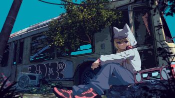 Rule 34 | 1girl, absurdres, animal ears, baseball cap, blonde hair, blue pants, blue sky, boombox, bus, commentary request, condenser unit, dog ears, dog girl, graffiti, grey jacket, hat, hat under hood, headphones, headphones around neck, highres, hood, hood up, hooded jacket, jacket, kmnz, lita (kmnz), long hair, long sleeves, motor vehicle, official art, overgrown, pants, pink shoes, puffy long sleeves, puffy sleeves, purple eyes, pusen (puuu sen555), ruins, shoes, sitting, sky, sneakers, solo, traffic cone, virtual youtuber