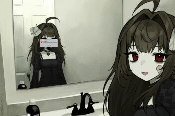 1girl ahoge animal animal_on_head bags_under_eyes bandaid bandaid_on_cheek bandaid_on_face black_dress brown_hair bug cable cable_tail different_reflection dress electric_plug electric_plug_tail error_message hair_intakes indoors insect long_hair looking_at_viewer mechanical_tail mirror moth on_head open_mouth original red_eyes reflection ringed_eyes smile solo tail vickie_(cryingrobot) vickie_(cryingrobot)_(character)