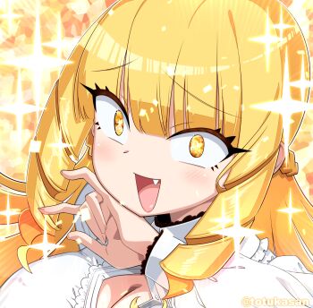 1girl \m/ absurdres alternate_eye_color blonde_hair blunt_bangs braid breasts button_gap cleavage collared_shirt drill_hair drill_sidelocks fang furrowed_brow half_up_braid hand_to_own_mouth hand_up highres large_breasts long_sleeves looking_at_viewer mount_celeb_kaneda-san ojou-sama_pose open_mouth partially_unbuttoned portrait puffy_long_sleeves puffy_sleeves ringlets school_uniform shirt sidelocks smile smug solo sparkle sparkling_eyes totukasan white_shirt yellow_eyes