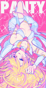 1girl absurdres armlet blonde_hair blue_eyes breasts bridal_gauntlets highres jewelry long_hair lying maegjuw medium_breasts on_back panties panty_&amp;_stocking_with_garterbelt panty_(psg) panty_pull pink_panties pulling_own_clothes skirt solo underwear white_skirt