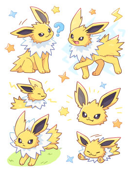 Rule 34 | ?, absurdres, closed eyes, closed mouth, commentary request, electricity, fang, gen 1 pokemon, grass, highres, jolteon, neko gyoza, nintendo, no humans, open mouth, pokemon, pokemon (creature), purple eyes, sitting, smile, star (symbol), white background
