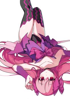 Rule 34 | 1girl, ahoge, black leotard, black thighhighs, bow, choker, dead apostle noel (tsukihime), dress, dress bow, hair between eyes, highres, leg up, leotard, long hair, looking at viewer, lying, noel (tsukihime), on back, pink bow, pink hair, purple dress, red eyes, red hair, sidelocks, thighhighs, tierra misu, tsukihime, tsukihime (remake), two side up, upside-down, vampire, wavy hair, white background, wrist cuffs