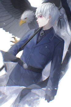 1boy absurdres axis_powers_hetalia beak belt bird bird_wings black_belt black_gloves black_necktie black_shirt blue_jacket blue_pants breast_pocket claws closed_mouth collared_shirt commentary_request cowboy_shot cross eagle feathered_wings flag gloves grey_hair hair_between_eyes highres holding holding_flag iron_cross jacket lapels lips long_sleeves looking_to_the_side male_focus military military_jacket military_uniform necktie pants pink_eyes pocket prussia_(hetalia) prussian_flag shion_(reira) shirt short_hair simple_background snowing solo standing v-shaped_eyebrows white_background wings