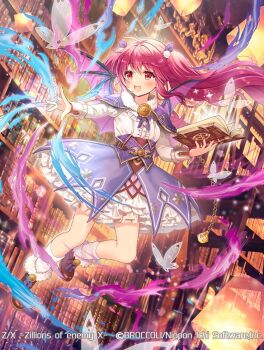 1girl ahoge aura book bookshelf brown_shoes bug butterfly capelet copyright_notice dress fang floating floating_hair fur-trimmed_capelet fur-trimmed_shoes fur_trim glowing_butterfly hair_ornament holding holding_book indoors insect long_hair multicolored_dress nei_(z/x) official_art open_mouth pom_pom_(clothes) pom_pom_hair_ornament purple_capelet purple_dress red_eyes red_hair serino_itsuki shoes socks solo sparkle twintails white_dress white_socks wings z/x