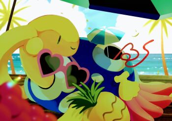 alternate_color berry_(pokemon) commentary_request drinking_straw gen_2_pokemon heart heart-shaped_eyewear nanab_berry nintendo no_humans omega_takai one_eye_closed outdoors palm_tree pinap_berry pokemon pokemon_(creature) shiny_pokemon shuckle solo sunglasses tree