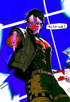 1boy aiming bat_signal batman_(series) batman_symbol black_bodysuit black_hair blue_eyes bodysuit brown_jacket dc_comics finger_on_trigger grey_bodysuit gun handgun highres holding holding_gun holding_weapon jacket jason_todd male_focus multicolored_bodysuit multicolored_hair muscular muscular_male open_clothes pants red_hood_and_the_outlaws rwheel0333 shirt short_hair superhero_costume taut_bodysuit two-tone_bodysuit two-tone_hair weapon white_hair