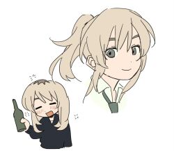 Rule 34 | 1girl, black sweater, blonde hair, bottle, closed eyes, closed mouth, collared shirt, commentary, drunk, girls band cry, green necktie, grey eyes, hashtag-only commentary, holding, holding bottle, kawaragi momoka, long hair, long sleeves, mipaihere, multiple views, necktie, open mouth, ponytail, shirt, simple background, smile, squeans, sweater, white background, white shirt