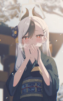 1girl absurdres black_hair black_kimono black_sash blue_archive blue_flower blush commentary_request demon_girl demon_horns ear_piercing flower grey_halo hair_behind_ear hair_down hair_flower hair_ornament halo highres horns japanese_clothes kayoko_(blue_archive) kayoko_(new_year)_(blue_archive) kazueru kimono long_hair looking_at_viewer multicolored_hair obi official_alternate_costume official_alternate_hairstyle open_mouth piercing sash solo two-tone_hair very_long_hair white_hair