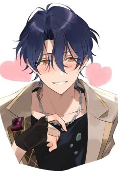 1boy black_gloves blue_hair blush chain chain_necklace clenched_teeth ensemble_stars! fingerless_gloves gloves hair_between_eyes hand_up heart jewelry lapels male_focus mole mole_on_neck necklace notched_lapels orange_eyes sarara_rarara short_hair simple_background smile solo teeth tsuzura_chitose white_background