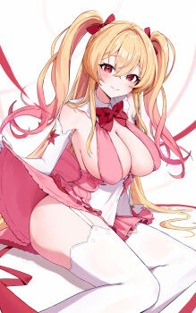 1girl absurdres blonde_hair breasts cleavage closed_mouth clothes_lift garter_straps hair_between_eyes hair_ribbon ham_(hamparty) highres large_breasts lifting_own_clothes long_hair looking_at_viewer original over-kneehighs pink_skirt red_eyes red_ribbon ribbon simple_background sitting skirt skirt_lift smile thighhighs thighs twintails white_background white_garter_straps white_thighhighs