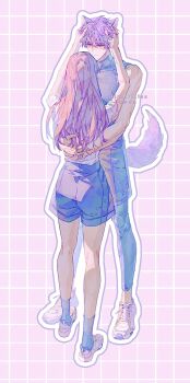Rule 34 | 1boy, 1girl, animal ears, arms around waist, brown hair, cat boy, cat ears, cat tail, chaoxibumian, couple, full body, grid background, hair between eyes, hands in another's hair, hashtag-only commentary, hetero, highres, kemonomimi mode, leggings under shorts, light blush, light smile, long hair, love and deepspace, pink background, protagonist (love and deepspace), purple hair, rafayel (love and deepspace), shirt, shoes, short hair, shorts, sleeveless, sleeveless turtleneck, sneakers, socks, tail, turtleneck, white shirt