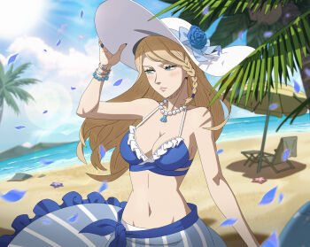 1girl absurdres beach beach_umbrella bikini black_clover black_clover_m:_rise_of_the_wizard_king blonde_hair blue_bikini blue_eyes blue_flower blue_nails blue_rose blue_sarong blue_sky bracelet breasts charlotte_roselei cleavage criss-cross_halter day falling_petals flower halterneck hat hat_flower highres jewelry large_breasts long_hair looking_to_the_side navel necklace non-web_source official_alternate_costume official_art outdoors palm_tree pearl_necklace petals rose rose_petals sand sarong sky solo sun_hat swimsuit tree umbrella water white_hat
