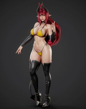 1girl 3d absurdres ahoge bikini black_nails boots breasts choker demon_girl demon_horns demon_tail detached_sleeves highres horns lipstick long_hair looking_at_viewer makeup nail_polish original pink_eyes pointy_ears pubic_tattoo red_hair ryanreos side-tie_bikini_bottom sinia solo standing string_bikini swimsuit tail tattoo thigh_boots thighhighs thighs yellow_bikini