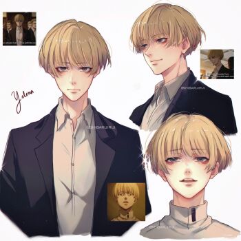 1girl anime_screenshot_inset black_jacket blonde_hair character_name closed_mouth collared_shirt commentary cropped_torso english_commentary hair_between_eyes highres jacket light_smile multiple_views open_mouth pixie_cut screenshot_inset shibaruirui shingeki_no_kyojin shirt short_hair solo sparkle suit_jacket twitter_username upper_body white_background white_shirt yelena_(shingeki_no_kyojin)