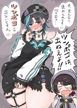 2girls absurdres aqua_streaks beret black_choker black_dress black_hair black_hat blush breasts choker dress fang hat highres hololive hololive_dev_is kono_(konomi9a) large_breasts looking_at_viewer mole mole_on_neck multicolored_hair multiple_girls o-ring o-ring_thigh_strap official_alternate_costume oozora_subaru oozora_subaru_(casual) red_eyes rindo_chihaya rindo_chihaya_(1st_costume) skin_fang streaked_hair thigh_strap virtual_youtuber white_streaks