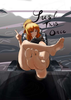 1girl barefoot blonde_hair feet feet_on_table highres ishmael_(project_moon) limbus_company long_hair looking_at_viewer project_moon ruaara sitting soles toes