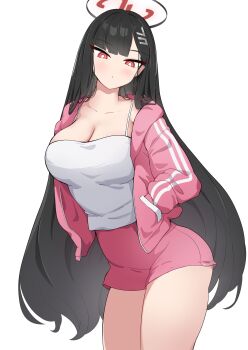 1girl absurdres black_hair blue_archive blush breasts camisole cleavage hair_ornament hairclip halo hand_in_pocket highres jacket kittenlochen large_breasts long_hair parted_lips pink_jacket pink_shorts red_eyes ringed_eyes rio_(blue_archive) shorts simple_background solo very_long_hair white_background