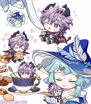 Rule 34 | 1boy, 1girl, andersdotter (genshin impact), aqua hair, artist name, blue hat, carrying, carrying person, cheek poking, chibi, chibi only, closed eyes, commentary, cookie, cup, dragon boy, dragon horns, dragon tail, dragon wings, durin (genshin impact), eating, english commentary, food, genshin impact, gloves, hat, holding, holding cookie, holding food, horns, in container, in cup, mother and son, multiple views, one eye closed, poking, purple eyes, purple hair, simple background, size difference, smile, spoon, sumipic, tail, teacup, white background, white gloves, wings, witch hat