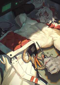 1boy abs absurdres animal_ears arknights bara claws fang fang_out furry furry_male gloves highres holding holding_screwdriver holding_tool horns hung_(arknights) looking_at_viewer lying male_focus multicolored_hair mythological_creature on_back on_floor pectorals screw screwdriver single_glove single_horn streaked_hair topless_male xiao_(creation0528)