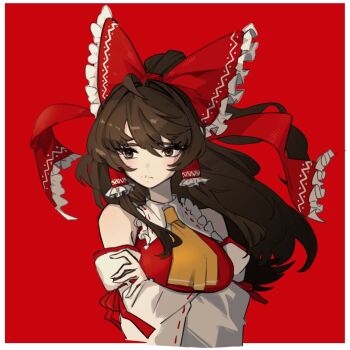Rule 34 | 1girl, anderson m0311, arms under breasts, ascot, bare shoulders, blush, bow, breasts, brown eyes, brown hair, commentary, crossed arms, detached sleeves, expressionless, floating hair, frills, hair tubes, hakurei reimu, highres, long hair, looking to the side, medium breasts, ponytail, red background, red bow, shirt, sleeveless, sleeveless shirt, solo, touhou, upper body, yellow ascot
