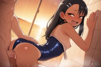 1boy 1girl against_wall ai-assisted anus anus_peek arched_back black_hair brat bratty breasts clothes_lift clothes_pull doggystyle ear_piercing faceless faceless_male fang from_side hair_ornament highres ijiranaide_nagatoro-san long_hair nagatoro_hayase naughty_face nipples nude open_mouth orange_eyes penis piercing protokebab pussy pussy_juice school_swimsuit sex sex_from_behind small_breasts smile smug standing standing_sex swimsuit tan tanline uncensored vaginal veins veiny_penis wet