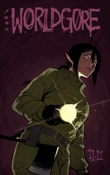 Rule 34 | absurdres, black hair, deer girl, flashlight, green jumpsuit, highres, jumpsuit, keiko (worldgore), original, purple background, sweat, worldgore