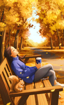 1girl absurdres autumn_leaves bench blue_sweater blurry blurry_background brown_hair closed_eyes closed_mouth commentary crossed_legs cup day disposable_coffee_cup disposable_cup english_commentary falling_leaves forest full_body grey_pants guest_art highres holding holding_cup instagram_username leaf long_hair loose_hair_strand nature nut_(food) on_bench original outdoors pants path peijinyang product_placement profile road scenery shadow shoes sky slice_of_life solo squirrel sweater tree white_shoes white_sky wind wooden_bench