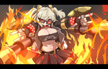 Rule 34 | 1girl, black jacket, black skirt, blonde hair, breasts, burnice white, cleavage, crop top, dual wielding, fire, flamethrower, gloves, highres, holding, holding flamethrower, holding weapon, jacket, large breasts, looking at viewer, one eye closed, open mouth, red eyes, short hair, skirt, smile, solo, sunglasses, thighhighs, two side up, weapon, zenless zone zero, zuyosh