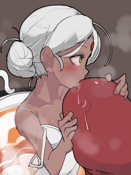 1boy 1girl bindi blush breasts dark_skin double_bun hair_bun hetero highres licking mini_person minigirl oral penis penis_hug precum small_breasts strap_slip teatea-sama tomatojam tongue tongue_out white_hair zakuzaku_actors