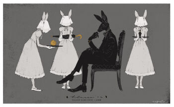 1boy 3girls black_fur chair commentary crossed_legs dress english_commentary english_text full_body furry furry_female furry_male gloves grey_background grey_dress grey_fur holding holding_tray holding_umbrella multiple_girls nagabe original puffy_short_sleeves puffy_sleeves rabbit_boy rabbit_girl short_sleeves simple_background sitting spot_color tray umbrella veil white_gloves