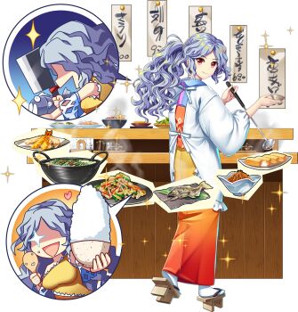 Rule 34 | 1girl, alternate costume, alternate hairstyle, apron, bowl, breasts, chibi, chibi inset, cleaver, closed mouth, cooking, dress, fish, fish (food), food, food request, food stand, game cg, geta, grey hair, grilled fish, highres, holding, holding cleaver, holding ladle, japanese clothes, kappougi, kimono, ladle, large breasts, long hair, looking at viewer, looking back, multiple views, nata (tool), official art, omelet, open mouth, orange kimono, ponytail, red eyes, rice, rice bowl, rotte (1109), sakata nemuno, sakata nemuno (small restaurant chef), shamoji, single-shoulder dress, single strap, smile, socks, sparkle, tabi, tamagoyaki, tempura, third-party source, touhou, touhou lostword, translation request, transparent background, wavy hair, white socks