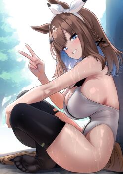 Rule 34 | 1girl, :d, alice gear aegis, almond eye (umamusume), animal ears, black thighhighs, blue eyes, bow, bow hairband, braid, breasts, brown hair, cleavage, cleavage cutout, clothing cutout, commentary request, commission, companion/af, from side, full body, grin, hairband, herohero (higashi no dou), horse ears, horse girl, horse tail, indian style, large breasts, leotard, long hair, looking at viewer, looking to the side, no shoes, open mouth, side braid, sideboob, sitting, skeb commission, smile, solo, symbol-shaped pupils, tail, thighhighs, thighs, umamusume, v, wet, white bow, white hairband, white leotard, x-shaped pupils