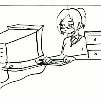1girl animated animated_gif artistic_error breast_expansion breasts computer computer_keyboard female_focus glasses indoors lowres monochrome ponytail solo what