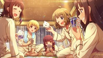 5girls ahoge amami_haruka blonde_hair blue_eyes breasts building buttons card ceiling_light cleavage closed_eyes feet fukuda_noriko game_cg heart holding idolmaster idolmaster_million_live! idolmaster_million_live!_theater_days low_twintails lying matsuda_arisa multiple_girls official_art on_stomach one_eye_closed open_mouth orange_eyes pajamas pants profile red_eyes red_hair sitting suou_momoko teeth toes towel twintails yokoyama_nao