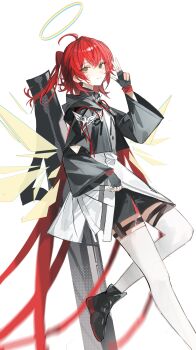 Rule 34 | absurdres, angel wings, arknights, black boots, black gloves, black jacket, boots, chinese commentary, commentary request, exusiai (arknights), exusiai the new covenant (arknights), fingerless gloves, gloves, hair between eyes, halo, highres, jacket, long hair, looking at viewer, official alternate costume, official alternate hair length, official alternate hairstyle, red hair, shirt, shuxiuxiao, simple background, thighs, white background, white shirt, wings, yellow eyes