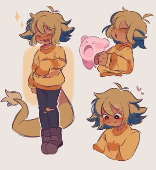 1girl :o black_eyes blonde_hair blue_hair blush boots closed_eyes fafameow full_body happy heart highres kirby kirby_(series) long_sleeves multiple_views nintendo open_mouth pants short_hair sparkle sweater tail the_owl_house vee_(the_owl_house) white_background yellow_pupils yellow_sweater