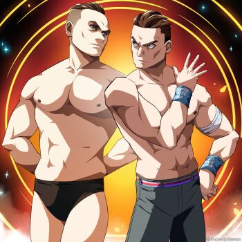 2boys blue_eyes brown_hair commentary dark_background english_commentary gradient_background gunther_(wwe) highres john_cena male_focus multiple_boys muscular muscular_male norbertogaetan orange_background short_hair shorts sparkle upper_body wrestler wrestling_outfit wristband wwe yellow_background